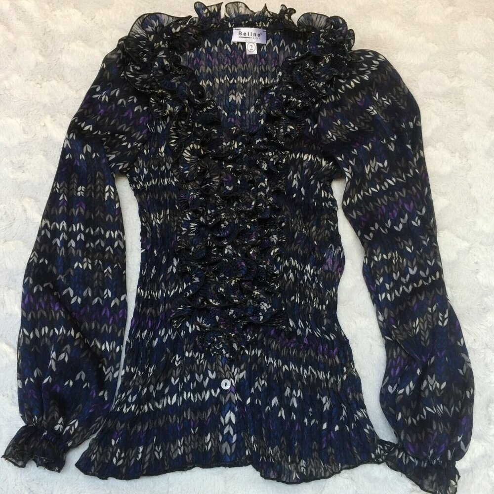 Beline Printed Womens Printed Balloon Sleeve Ruffle Blouse Top Size 2 Multicolor